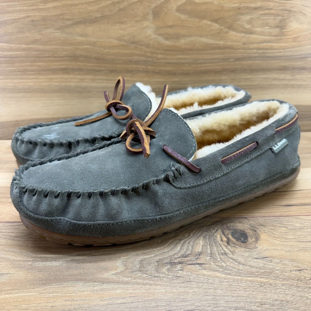 LL BEAN Wicked Good Shearling Fur Slipper Mens 10 ? Olive Green Suede Moc Toe